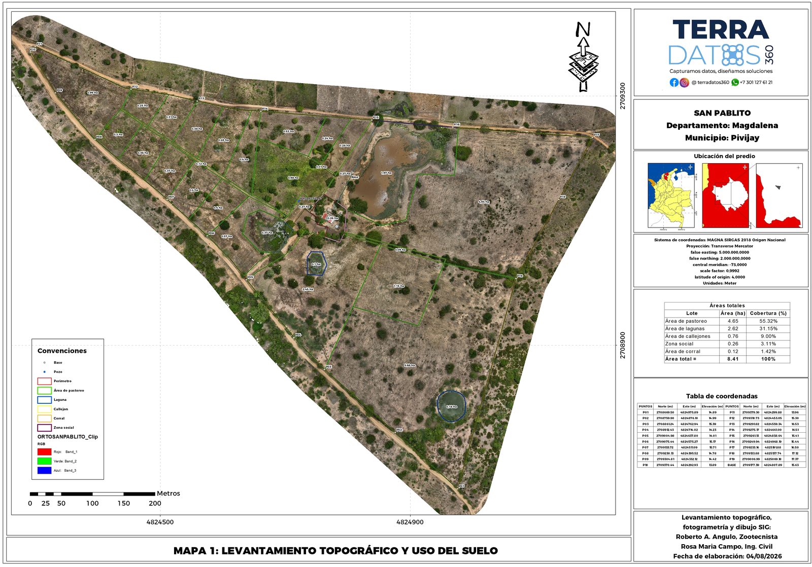Ortofoto del levantamiento aéreo de la Finca San Pablito con el perímetro del predio georreferenciado
